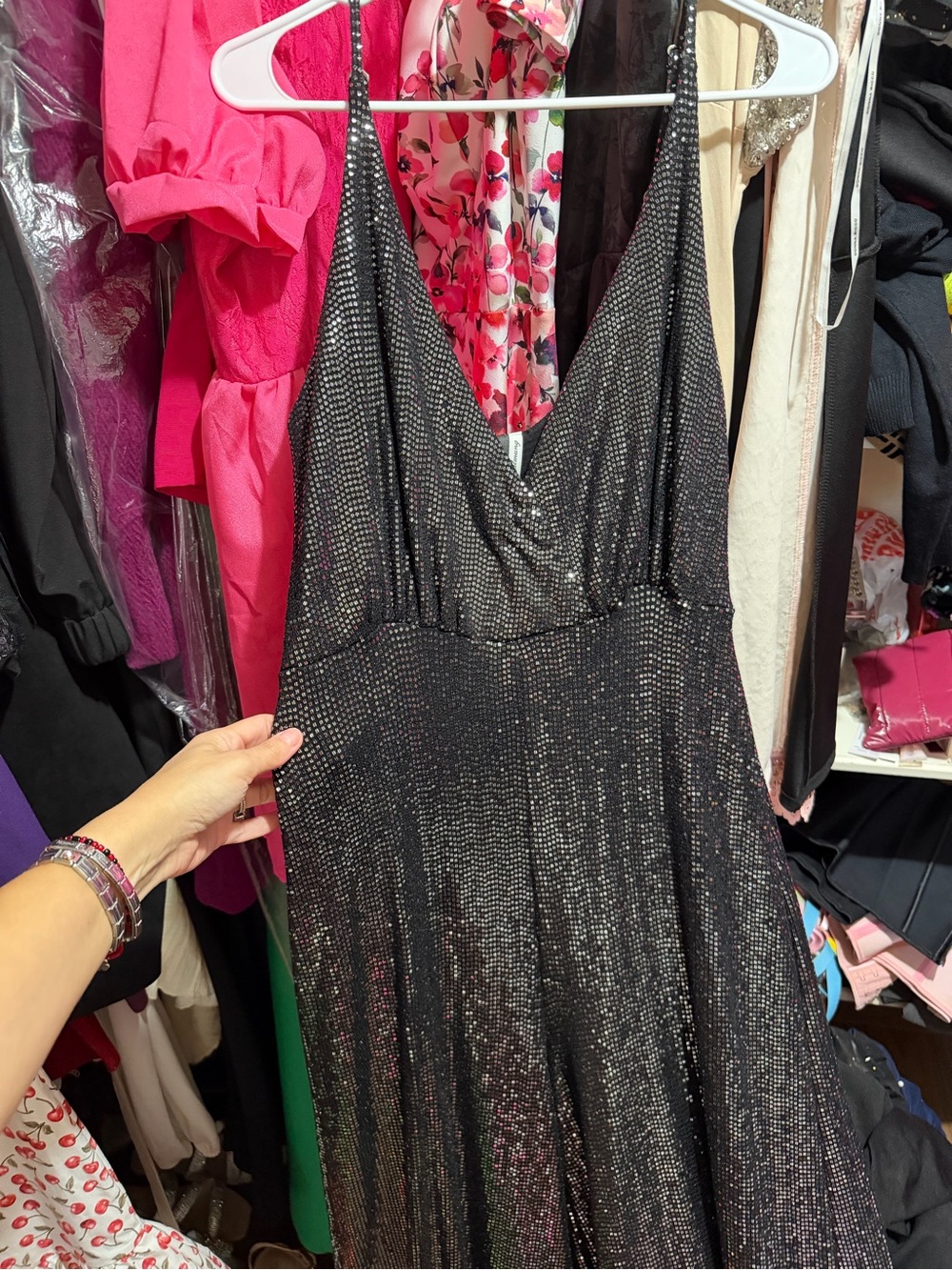 Metallic Black V-Neck Spaghetti Strap Evening Dress